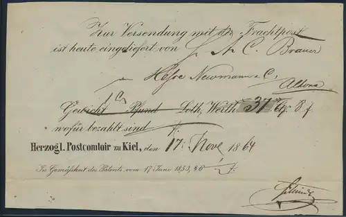 Altdeutschland Schleswig-Holstein Posteinlieferungsschein Postcomtoir Kiel 1864