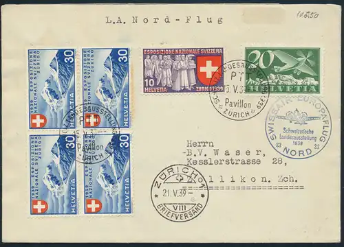 Schweiz Flugpost Brief Swissair Nordflug 213, 341 + 343 Viererblock 