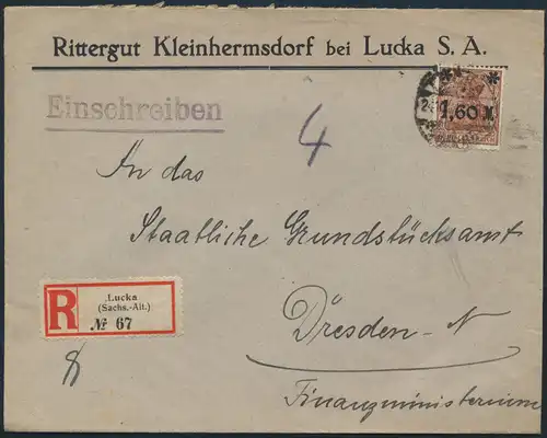 Deutsches Reich Brief R-Brief 154 IIa Lucka nach Dresden 24.10.1921