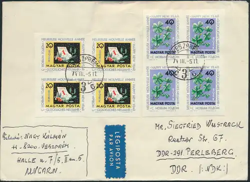 Ungarn Brief Luftpost 1983+1985 Viererblock Veszprem nach Perleberg DDR