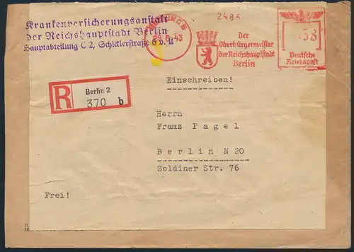 Deutsches Reich R - Brief Absenderfreistempel AFS 038 Oberbürgermeister Berlin  