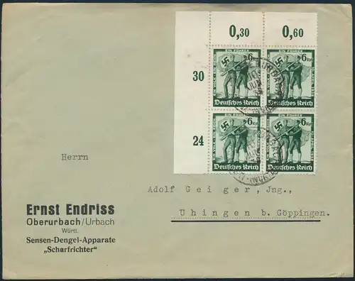 Deutsches Reich Brief MEF 662 Bogenecke Viererblock Oberurbach nach Uhingen 