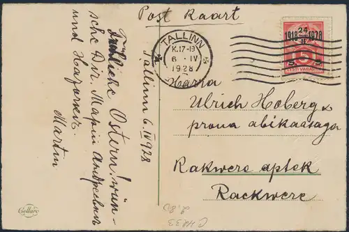 Estland Postkarte 69 Tallinn nach Rakvere Wesenberg 6.4.1928 Ostern Küken Ei