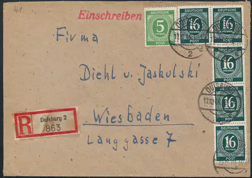 Alliierte Besetzung R-Brief MIF 915a+923 Streifen Duisburg nach Wiesbaden