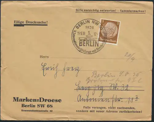 Deutsches Reich Brief 513X SST Quadriga Berlin Prüfungs-Treuhand Brandenburger 