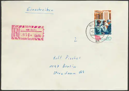 DDR Einschreiben R-Brief  EF 1364 Berlin Sonder R-Zettel 50 Pfg, SbPA 