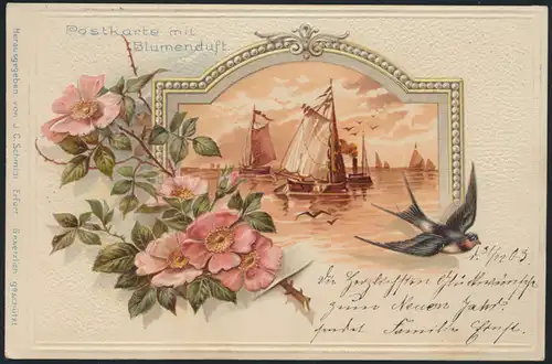 Ansichtskarte Bahnpost Blumenduft Jugendstil Art Nouveau Segelboot Tier Vögel 