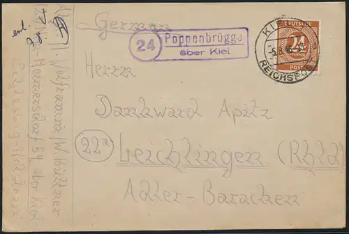 All. Besetzung Brief Landpoststempel Poppenbrügge über Kiel K2 K. Reichspost n.