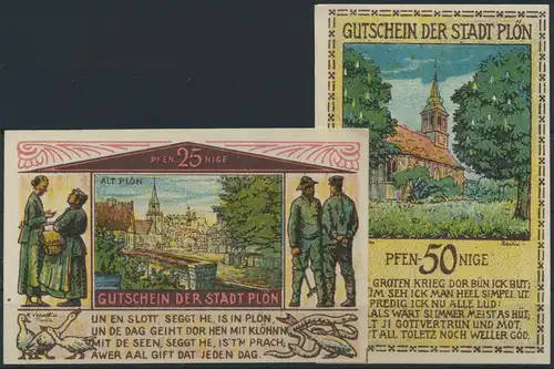 Banknoten Geldscheine Notgeld 4 Scheine von Plön 25 Pfg. - 1 Mark Top Erhaltung