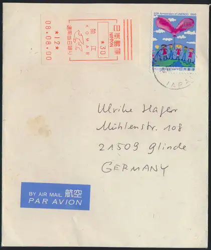 Brief Japan Luftpost EF 2350 + Label Komae nach Glinde Motiv Vögel Taube Kinder