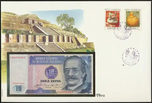 Geldschein Banknotenbrief Maya Tempel Peru P128 Schein + Briefmarkenausgabe sehr