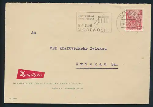 DDR Brief 580 Werbestempel Berliner Modewoche Dynamosporthalle Brandenburger Tor