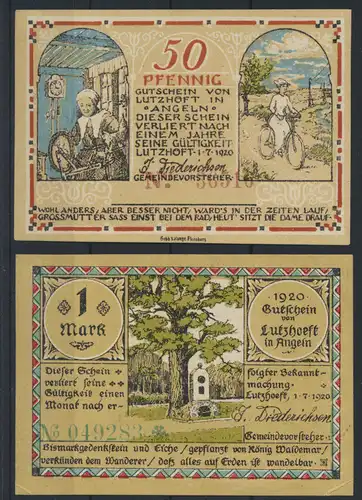 Geldschein Banknote Notgeld Lutzhöft Schleswig 0,50 - 1 Mark Motiv Fahrrad