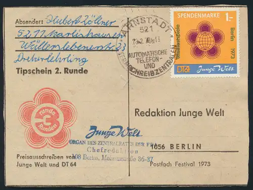 DDR Spendenmarke EF 1 Zeitung Junge Welt Weltfestspiele Srnstadt nach Berlin 