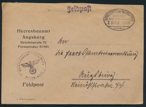 Reich Feldpost Heeresbauamt Augsburg Bahnpost Dinkelscherben Thannhausen Zug2152