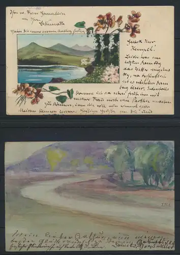 Lot von 4 handgemalten Original alten Ansichtskarten meist um 1905