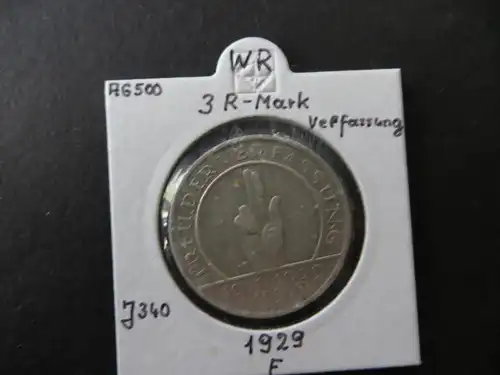 Münze Deutsches Reich Weimar 1929 3 RM F Jahrestag Verfassung ss-vz J 340