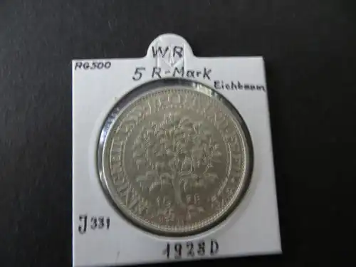 Münze Deutsches Reich Weimar 1928 5 RM Eichbaum Buchstabe D vz+ J 331