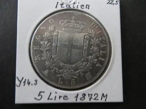 Münze Europa Italien 1872 5 Lire Vittorio Emanuele vz kleine Randkerbe 