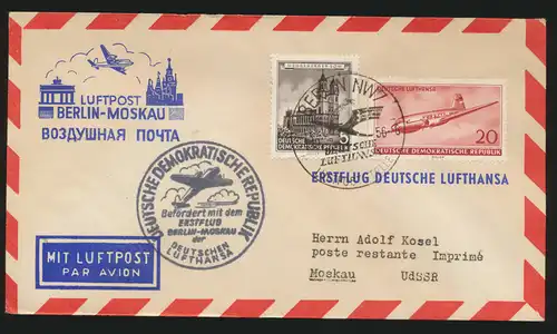 DDR Flugpost Brief Motiv Brandenburger Tor Lufthansa Erstflug Berlin Moskau