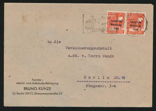 SBZ Brief MEF 184 Vorläufer Berlin vom 21.8.1948 Maschinenstempel Kartoffelkäfer