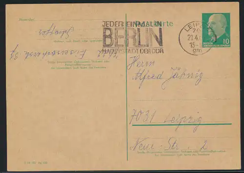 DDR Ganzsache mit Maschinenstempel Jeder einmal in Berlin 