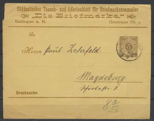 Württemberg Privatganzsache PS 2 Streifband Umschlag Briefmarkensamml Esslingen 