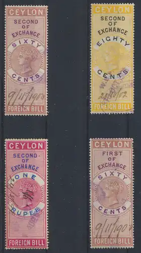 Victoria Ceylon Sri Lanka Lot 4 Stempelmarken Revenue Fiscal 60 cent - ! Rupee 