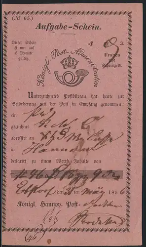 Altdeutschland Hannover Aufgabeschein hs Ebstorf Königl Post Administration 1856