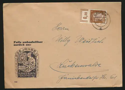 D Reich Brief EF Oberrand auf Werbeumschlag Kurth Philatelie Colditz Luckenwalde