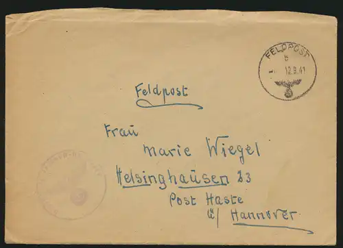 Deutsches Reich Feldpost Brief Post Haste Hannover Abs. 30063 12.9.1941
