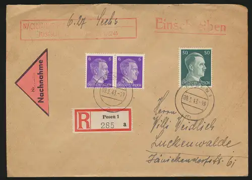  Deutsches Reich Brief Einschreiben Nachnahme Posen nach Luckenwalde 9.2.1943