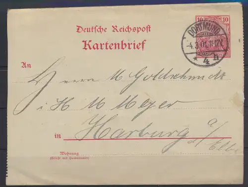 Deutsches Reich 10 Pfg. Germania Kartenbrief Dortmund nach Harburg 4.3.1901