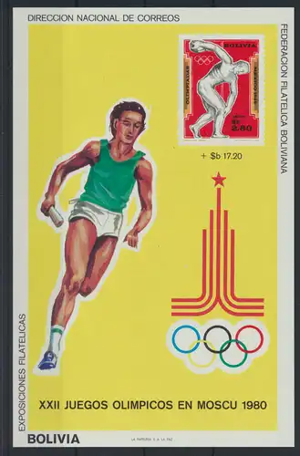 Bolivien Flugpost Block 93 Olympia Sport Moskau Bolivia Olympics Sports Moscow