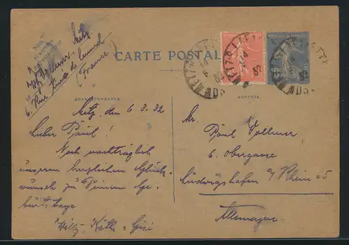 Frankreich France Ganzsache postal stationery 40c+ZuF 50c nach Ludwigshafen 1932