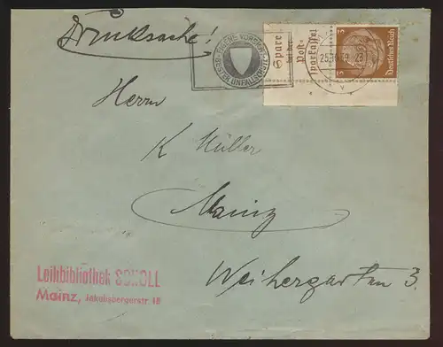 Deutsches Reich Brief Zusammendruck Werbestempel Unfall Mainz 25.10.1939