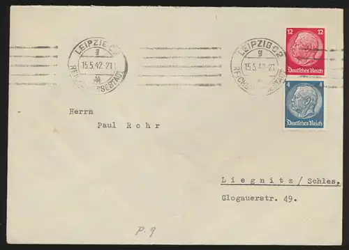 Deutsches Reich Brief Zusammendruck MIF von Leipzig n Liegnitz Schlesien 15.5.42