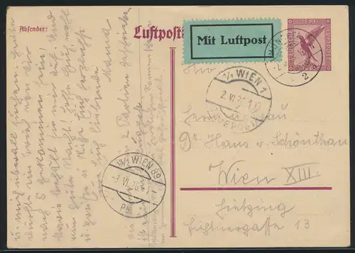 Flugpost air mail Ganzsache postal stationery München Wien 89 2.6.1926