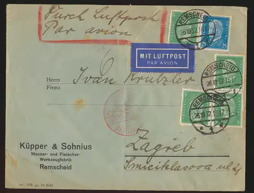 Flugpost air mail Brief D. Reich MIF Persönlickeiten Remscheid Zagreb Kroatien