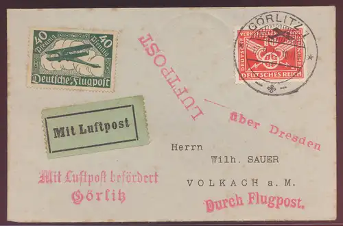 Flugpost air mail Deutsches Reich toller Stempel Görlitz n. Volkach via Dresden