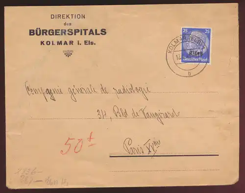Besetzung 2. Weltkrieg Elsaß Zensur Brief EF 25 Pfg. Aufdruck Hindenburg 