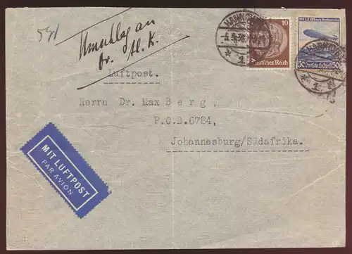 Flugpost Eilboten airmail letter Brief Reich Zeppelin Hindenburg LZ 129 Südafrik