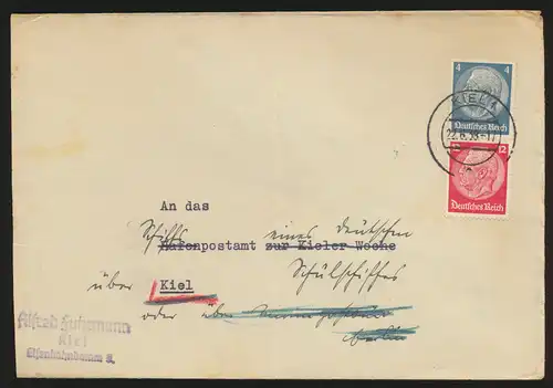 D. Reich Brief Zusammendruck Hindenburg S 163 Kiel 22.6.1938