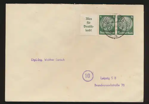 Reich Brief Zusammendruck Hindenburg W 66 Dreden Leipzig 15.9.1944