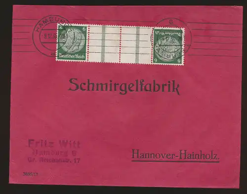 D. Reich Zusammendruck Brief Hindenburg KZ 22.2 Hamburg Hannover Hainholz