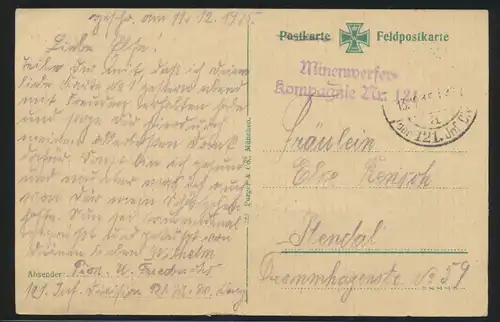Feldpost Vordruck Ansichtskarte Lüttich Weltkrieg Brücke viol. L2 Minienwerfer 