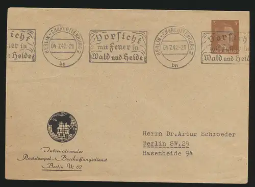 Reich Privatganzsache PU 147 B 1 02 Hitler Berlin Vorsicht Feuer Wald und Heide