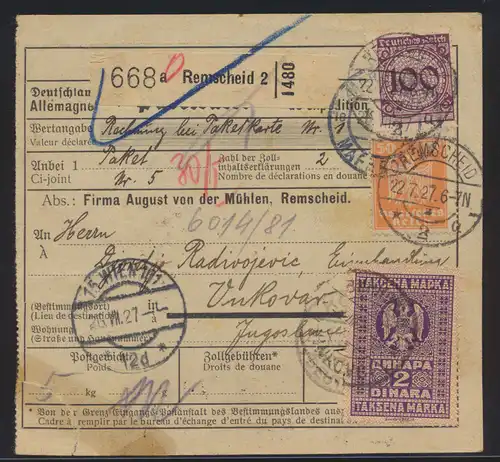 D Reich Brief Paketkarte MIF Remscheid via Wien n. Vukovar Stadt Kroatien