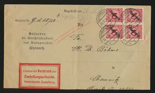 Reich Brief MEF Dienst D 101 Viererblock Chemnitz auf Zustellurkunde 25.9.1924