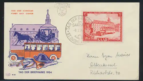 Saarland Brief 349 Tag der Briefmarke FDC von St. Ingbert nach Altenkessel